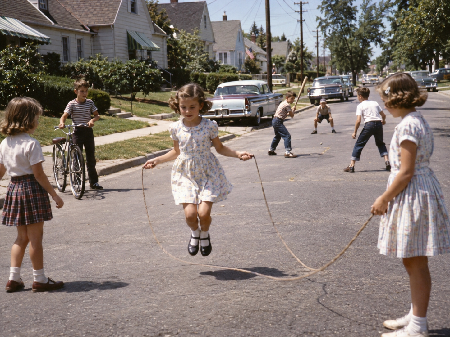Children play on a suburban street; girls jump rope while others ride bikes and play games. Cars and houses line the background on a sunny day in a residential neighborhood, evoking a nostalgic, mid-20th-century scene.