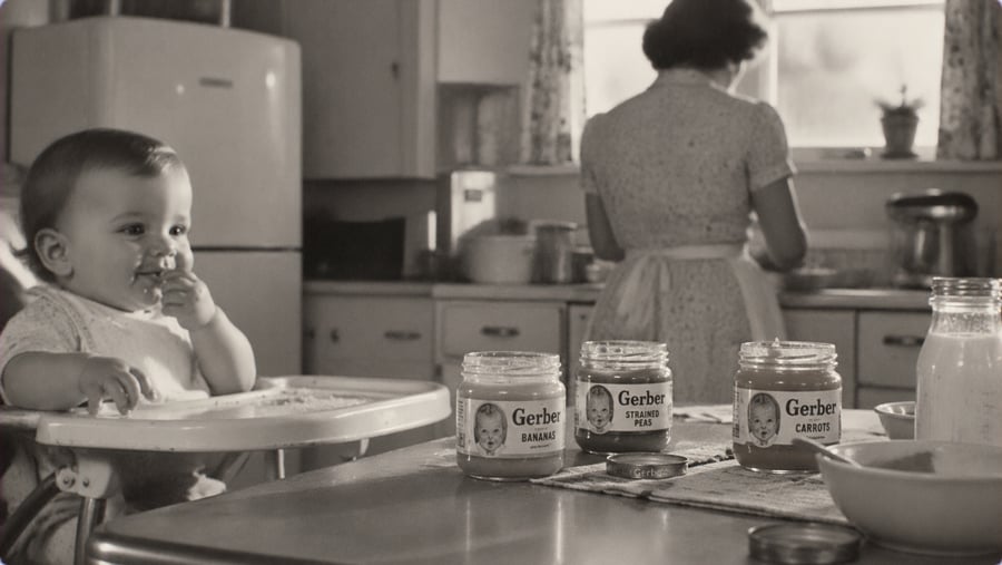 A baby sits in a high chair in a kitchen while a woman works at the counter, with three jars of Gerber baby food on the table in the foreground.