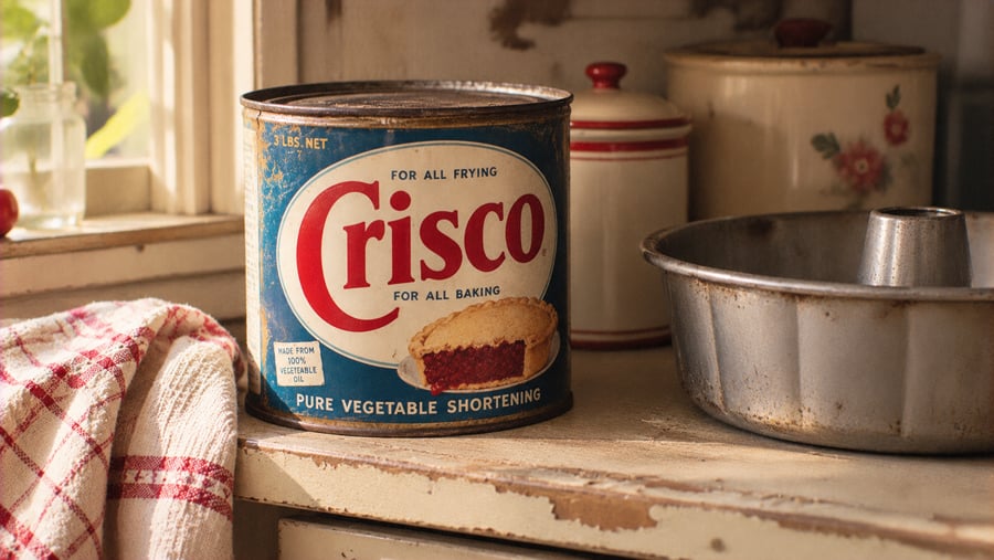 A vintage tin of Crisco vegetable shortening sits on a kitchen counter next to a metal bundt pan and a red-and-white checkered cloth.