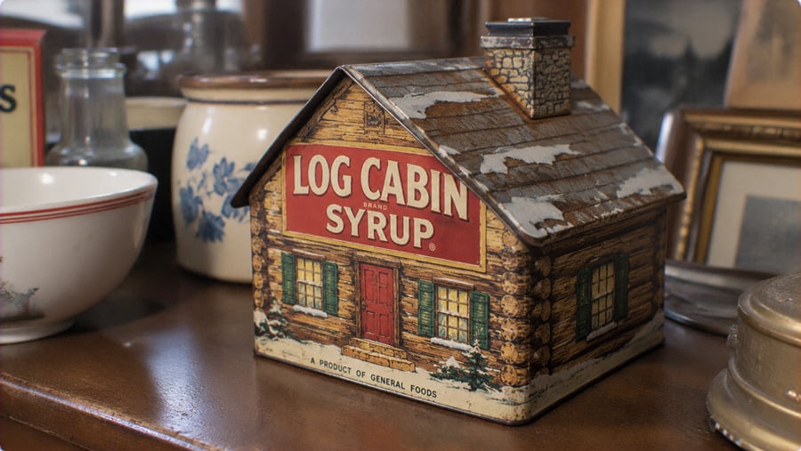 A vintage Log Cabin Syrup tin shaped like a log cabin with a chimney.
