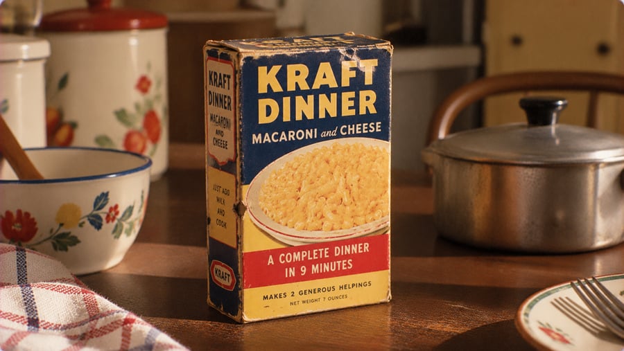 A vintage box of Kraft Dinner macaroni and cheese sitting on a wooden kitchen table.