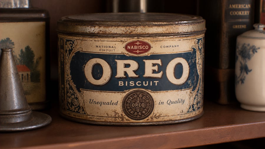 A vintage, weathered Nabisco Oreo biscuit tin on a wooden shelf.