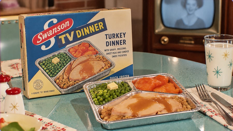 A Swanson turkey TV dinner in its box next to an opened meal in a foil tray, accompanied by a glass of milk.
