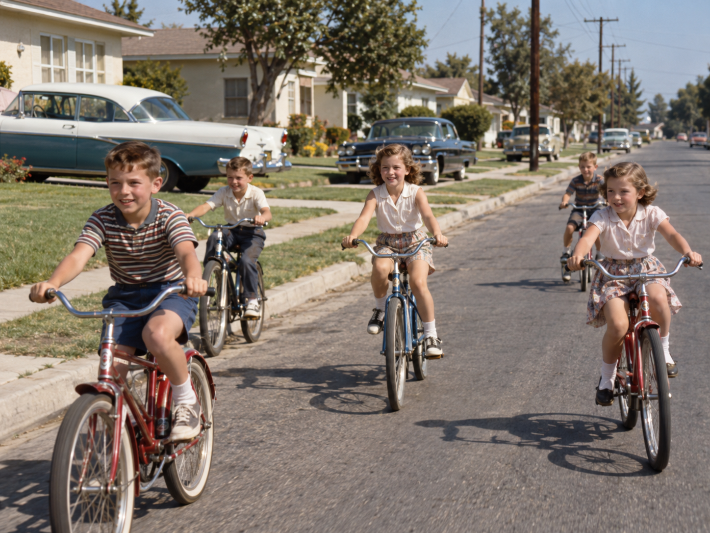 Five children ride bicycles down a sunny suburban street lined with vintage cars and houses, smiling and enjoying the day. Trees and lawns are visible along the sidewalk.