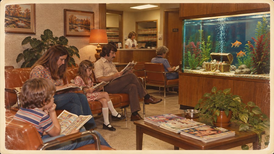 People sit in a doctor’s office waiting room, reading magazines near a large aquarium.