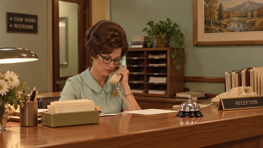 A receptionist in a blue collared dress and glasses sits at a desk answering a phone.