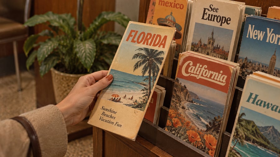 A hand selects a vintage travel brochure for Florida from a rack featuring other destination brochures for Mexico, Europe, New York, and California.