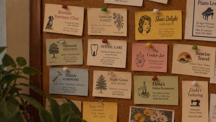 A corkboard covered in business cards for local services, including a veterinarian, a florist, a hair salon, a dentist, a bakery, a travel agency, a hardware store, a real estate office, an Italian restaurant, and a tailor.