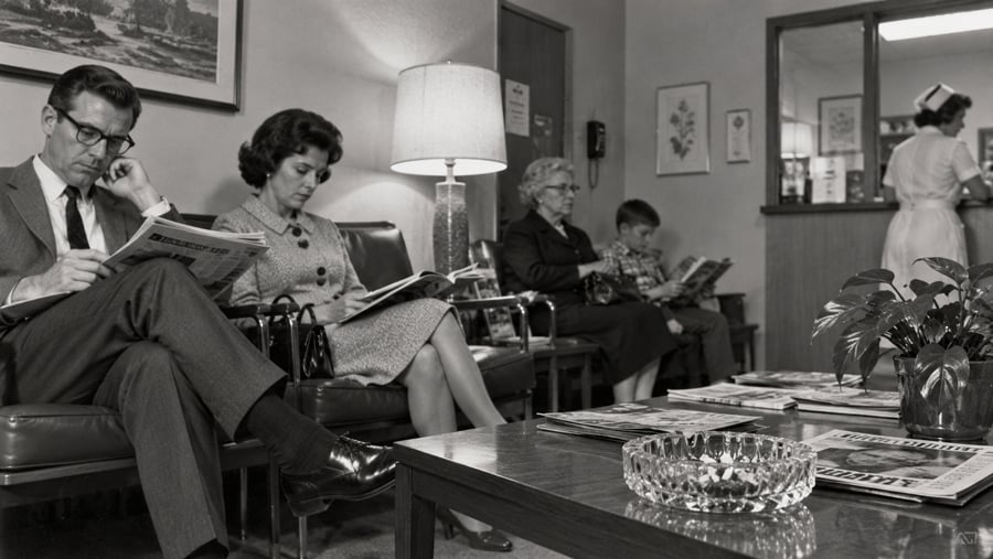 People sit in a doctor’s office waiting room reading magazines while a nurse works at a desk in the background.