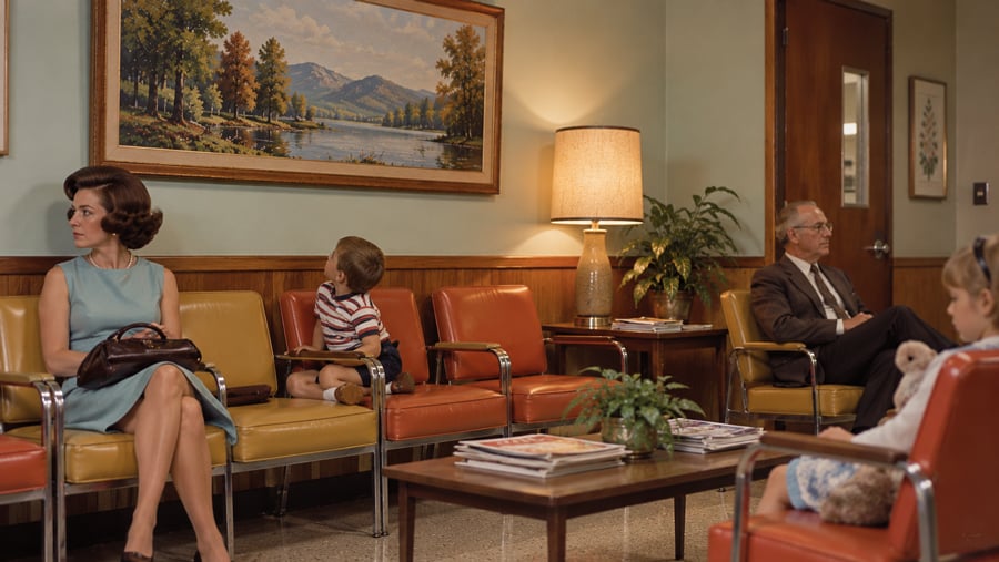 A waiting room with a woman, a young boy, and a man seated on orange and yellow chairs, with a landscape painting on the wall and a table with magazines in the center.