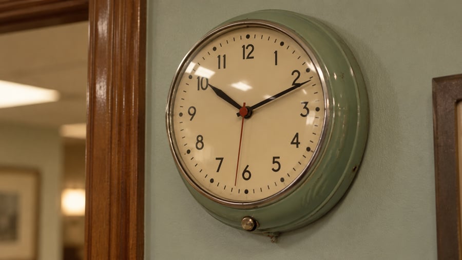 A round, vintage-style wall clock with a light green frame, showing the time at approximately 10:11.