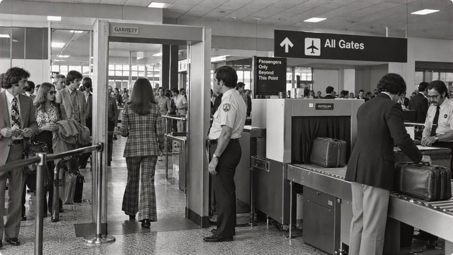 Travelers pass through an airport security checkpoint with metal detectors and X-ray luggage scanners.