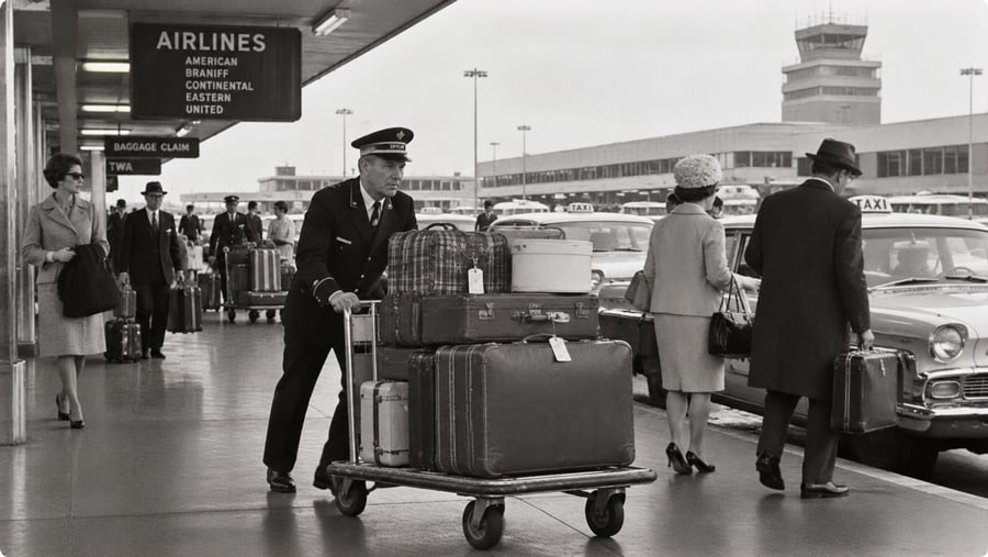An airport skycap pushes a luggage cart stacked with suitcases past passengers at a terminal curb.