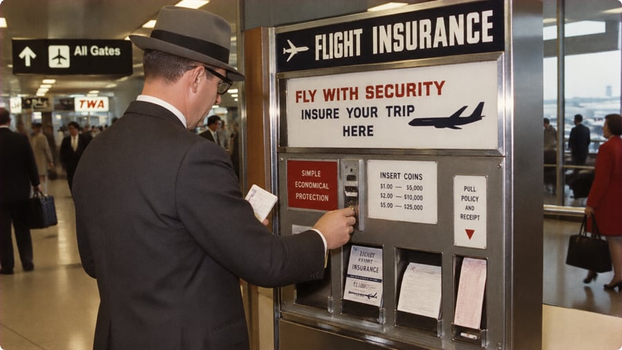 A man in a suit and fedora inserts a coin into an airport flight insurance kiosk.
