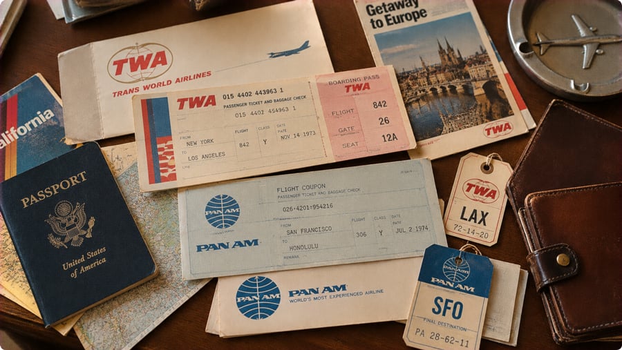 Vintage travel items including a US passport, TWA and Pan Am airline tickets, baggage tags, and a travel brochure spread across a table.