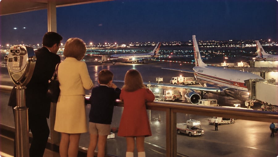 A family of four stands at an airport observation window looking out at airplanes on the tarmac at night.