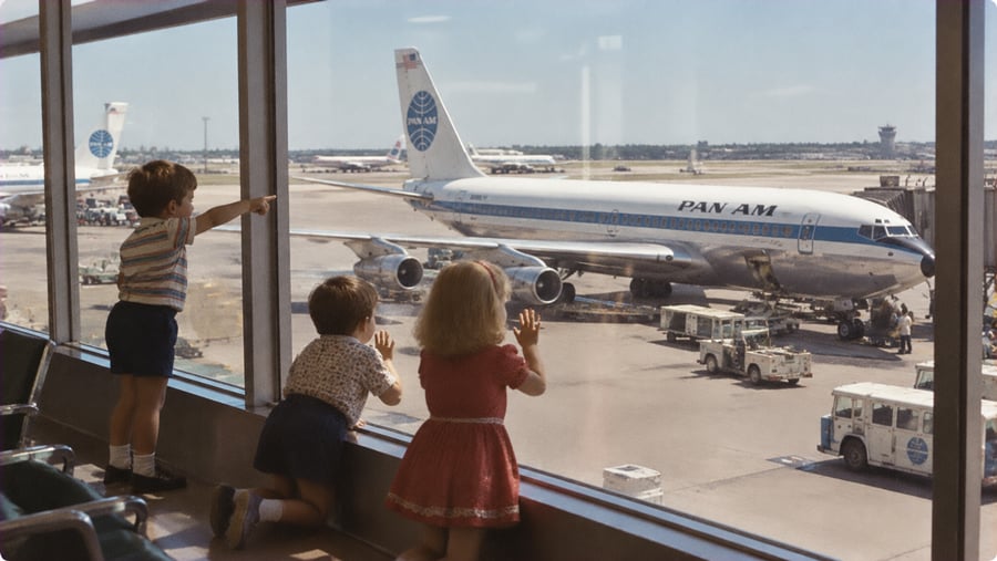 Three children look out an airport terminal window at a Pan Am airplane on the tarmac.