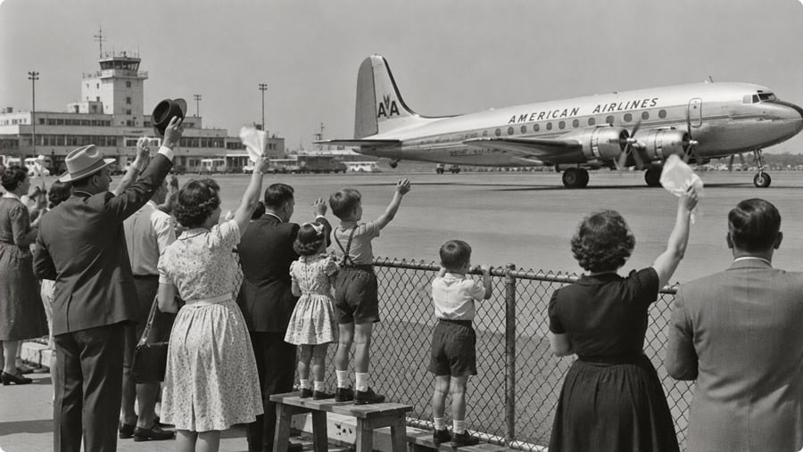 A crowd of people at an airport terminal waves to an American Airlines propeller plane as it taxis on the tarmac.