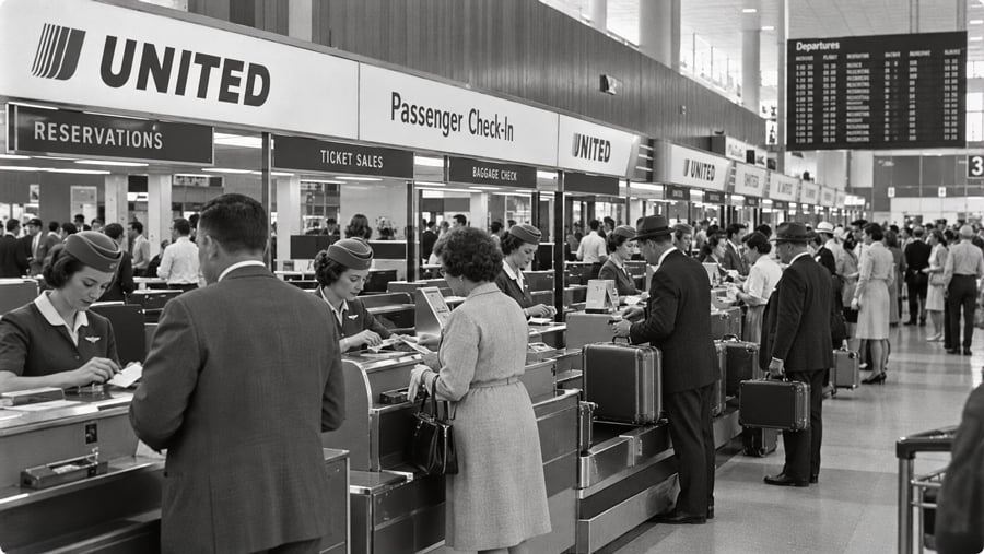 A busy United Airlines passenger check-in area at an airport, with staff in uniforms assisting travelers at counters beneath a large flight information board.
