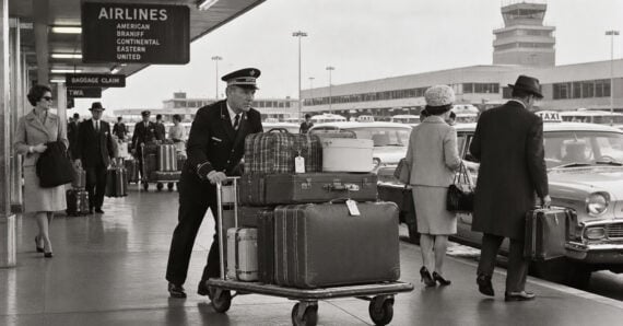 An airline employee pushes a luggage cart stacked with vintage suitcases through an airport terminal near taxi cabs.