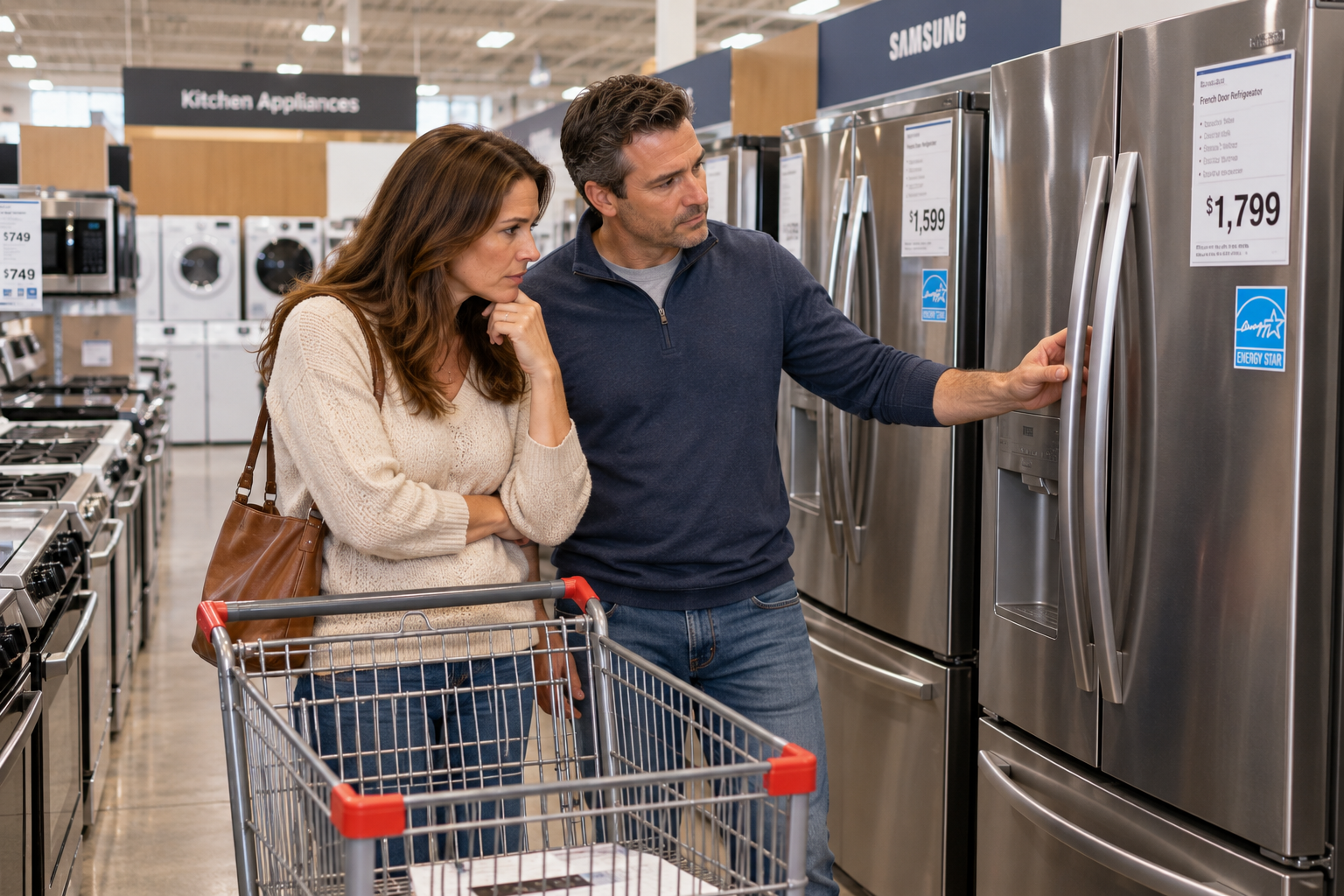 A man and woman looking at a stainless steel refrigerator in an appliance store.