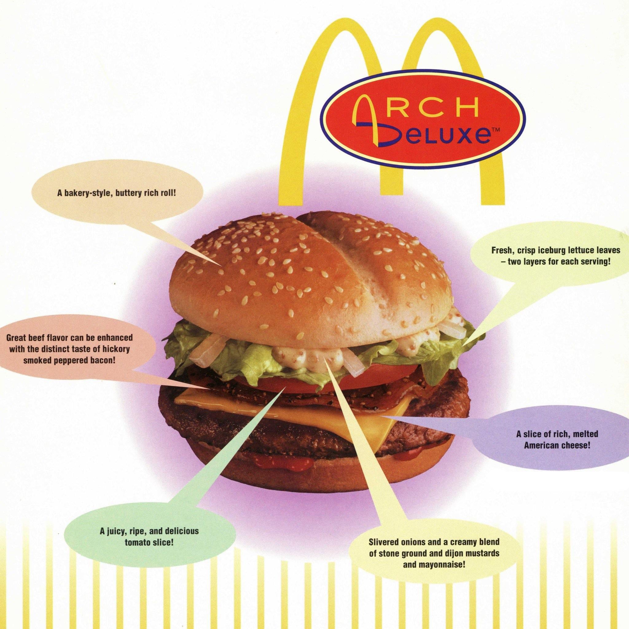An Arch Deluxe burger with callouts pointing to the sesame seed bun, bacon, lettuce, tomato, cheese, and mustard-mayonnaise sauce.