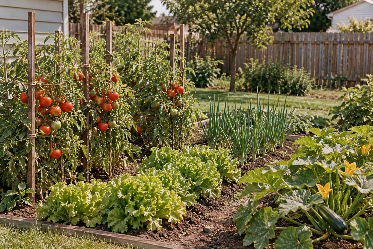 A raised garden bed featuring tomato plants on stakes, rows of lettuce, green onions, and a squash plant with blossoms and a small zucchini.