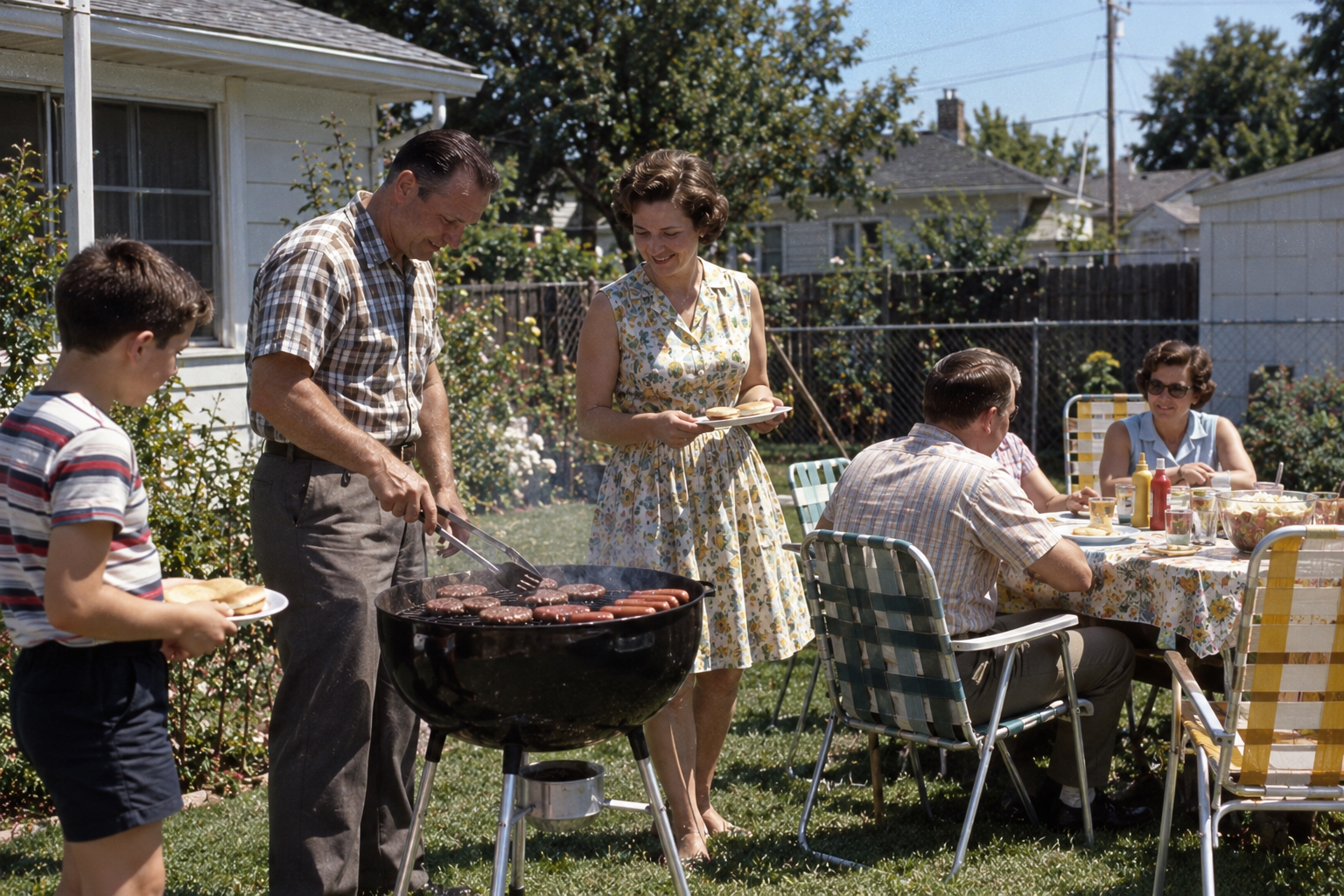 A family having a backyard barbecue, with a man grilling burgers and hot dogs while a woman holds a plate and another person sits at a picnic table.