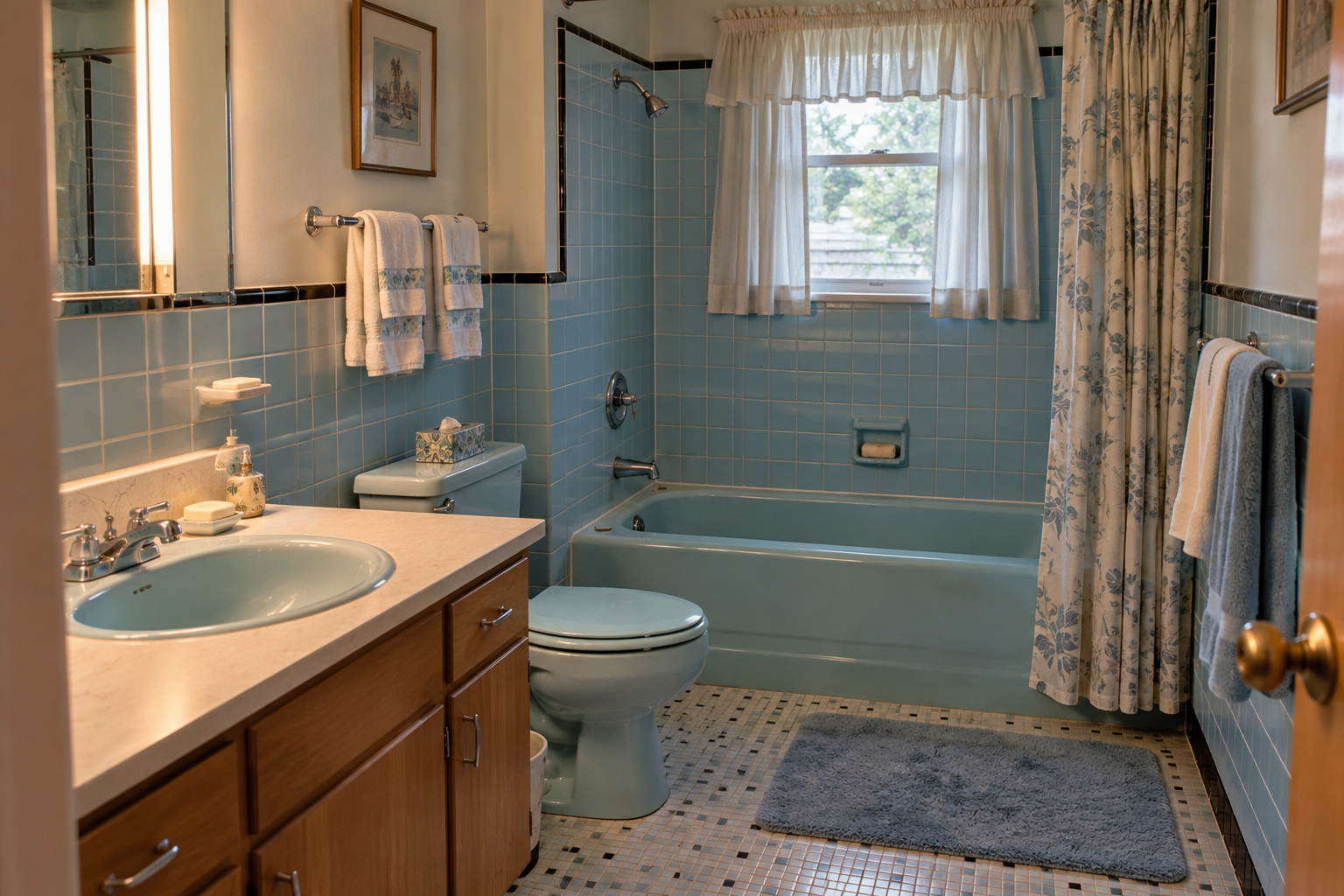 A vintage-style bathroom with a light blue sink, toilet, and bathtub, featuring blue square wall tiles and a floral shower curtain.