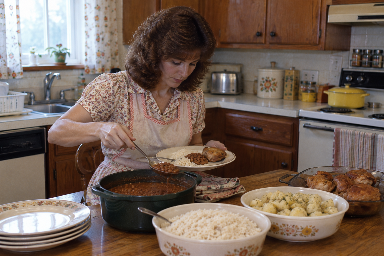 A woman in a floral dress and apron spoons baked beans onto a plate of rice and chicken in a kitchen.