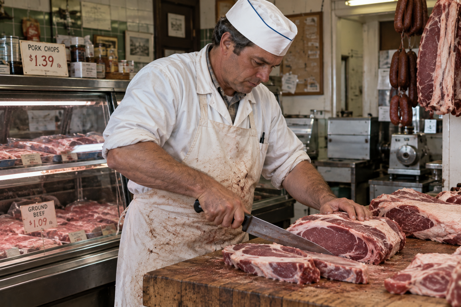 A butcher in a white coat and cap cuts a large piece of raw beef on a wooden butcher block.