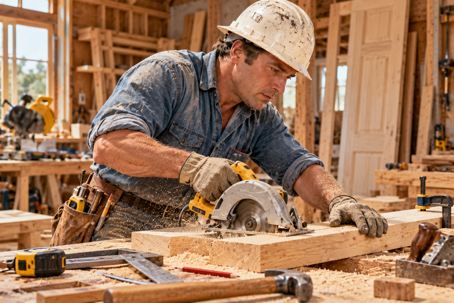 A carpenter wearing a hard hat uses a circular saw to cut a wooden beam in a workshop.