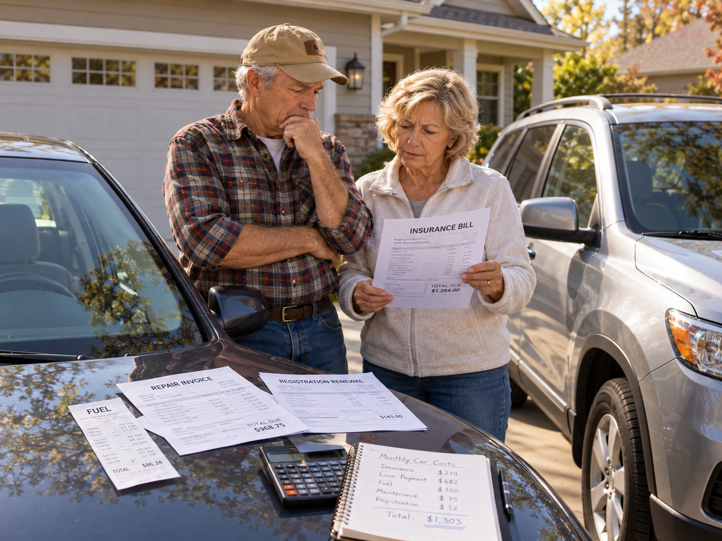 A man and a woman standing in a driveway look concerned while reviewing an insurance bill and other car-related invoices spread across the hood of a car.