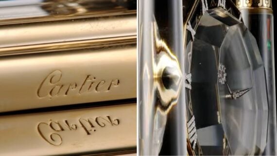 A split-screen image showing the Cartier logo engraved in gold on the left and a close-up of a faceted crystal clock face with Roman numeral indices on the right.