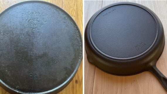 Two views of cast iron skillet undersides, one embossed with “Wagner Ware Sidney” and “8s,” and the other with “Made in USA” and “No. 10 12 IN.”