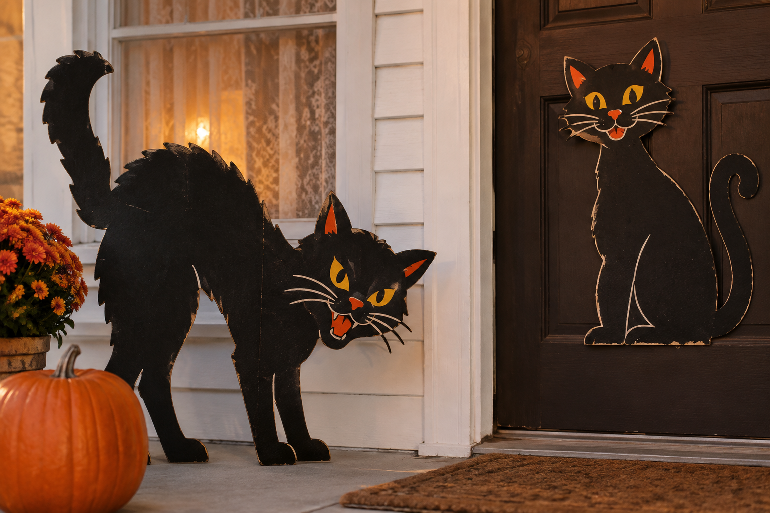 Two wooden black cat decorations on a porch, one arched by a pumpkin and one attached to a front door.