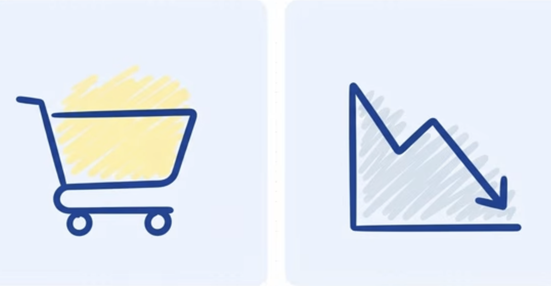 An icon of a shopping cart filled with yellow shapes next to a line graph trending downward.
