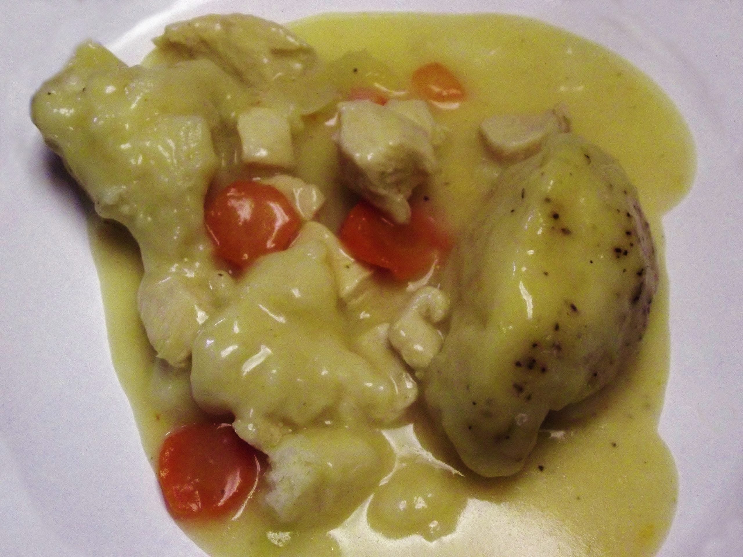 Chicken and dumplings with creamy yellow gravy, chunks of chicken, sliced carrots, and dumplings served on a white plate.