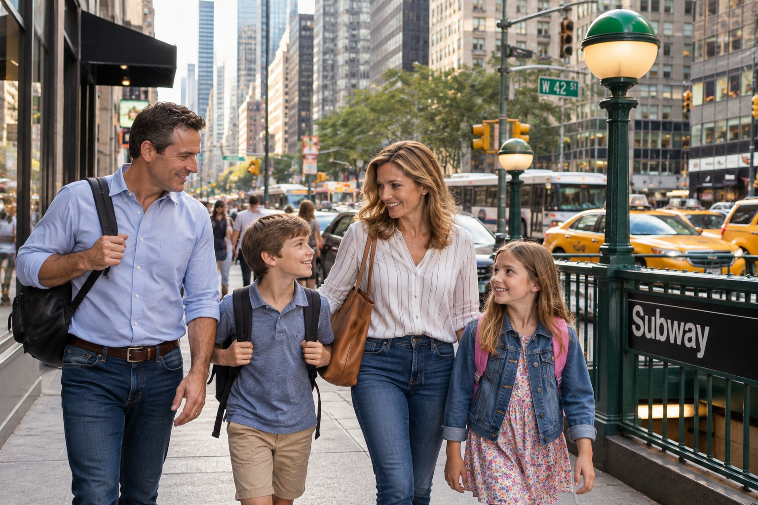 A family of four walking together on a busy New York City sidewalk near a subway entrance.