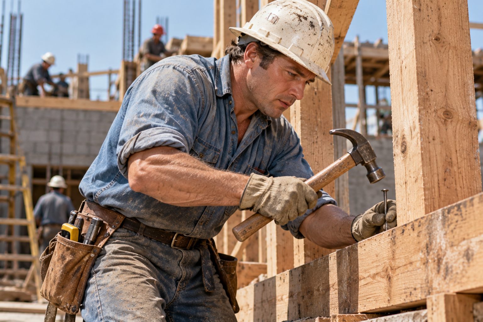 A construction worker in a hard hat uses a hammer to drive a nail into a wooden frame on a job site.