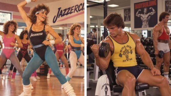 Split image: Left, women in colorful leotards doing Jazzercise in a studio. Right, a muscular man in a gym lifting a dumbbell, others working out behind him. Both scenes evoke 1980s fitness culture.