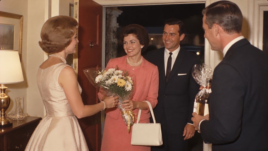 A woman in a cream dress welcomes a couple holding a bouquet of flowers and a bottle of wine at her front door.