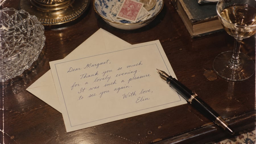 A handwritten note on stationery that reads, “Dear Margaret, Thank you so much for a lovely evening. It was such a pleasure to see you again. With love, Elin,” resting on a wooden table next to a fountain pen and a glass of wine.