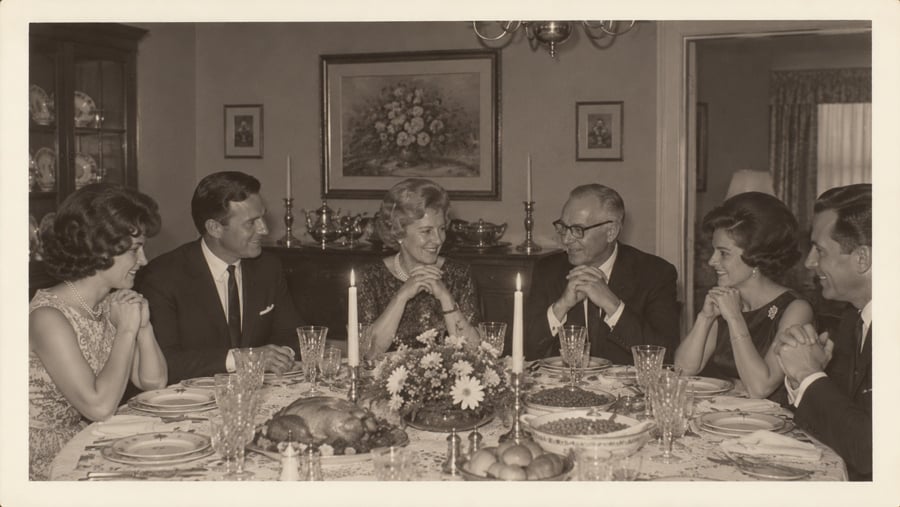 Three couples seated around a dining table for a formal dinner, with a roasted bird at the center and lit candles.