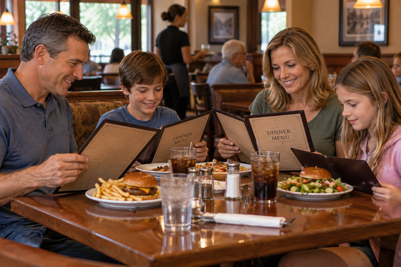 A family of four sits at a restaurant table, each holding a dinner menu and looking at their food.