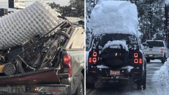 A split image showing a pickup truck loaded with an egg crate mattress topper and a bicycle on the left, and an SUV with a large block of snow on its roof on the right.