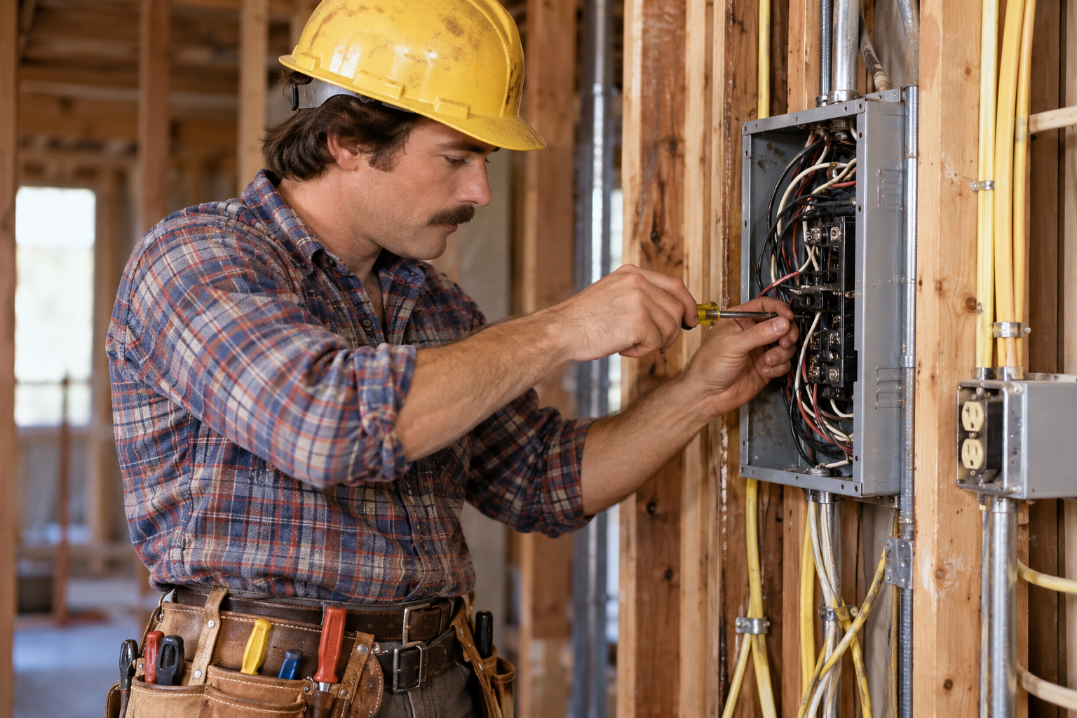 An electrician wearing a hard hat uses a screwdriver to work on a wall-mounted electrical panel in a house under construction.