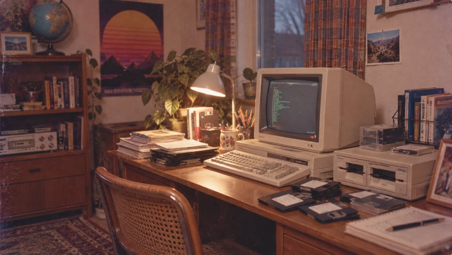 A vintage desk setup with an old desktop computer, a stack of floppy disks, a lamp, and bookshelf in a home office.