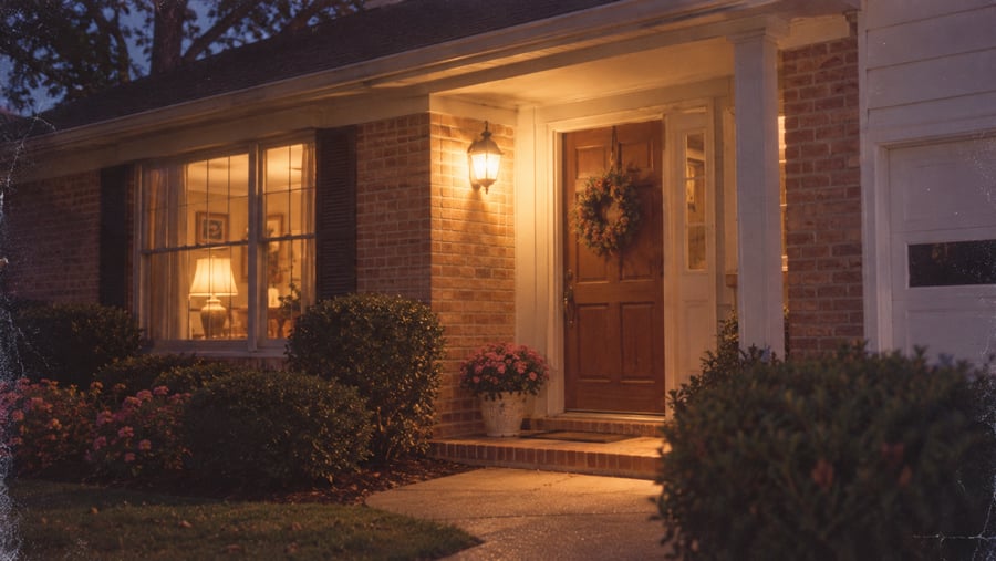 A single-story brick house at dusk with a wreath on the front door and warm light glowing from the porch lamp and front window.