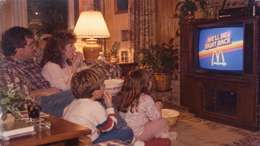 A family sits in a living room eating popcorn and watching a television screen displaying a McDonald’s “We’ll be right back” commercial.